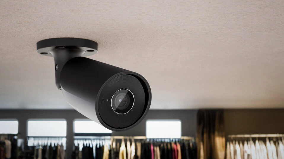 schwarze Bulletkamera an der Decke eines Bekleidungsgeschäftes Bulletkamera an der Decke einer Boutique zum Schutz vor Ladendiebstahl.